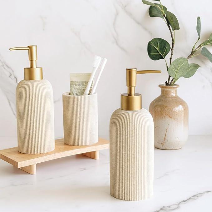 Lunestella Sand Beige Hand Soap Dispenser for Bathroom and Kitchen with Matte Gold Pump, Lotion, Dish Soap, Multiuse, Luxury Farmhouse Style, Sandstone Finish, Rust Proof, 7oz (Matte Gold) - ModernBath