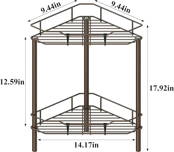 2 Tier Floor Standing Corner Shower Caddy Organizer Shelf with Hooks, Bathroom Shelves Stand Rack, Bronze - ModernBath