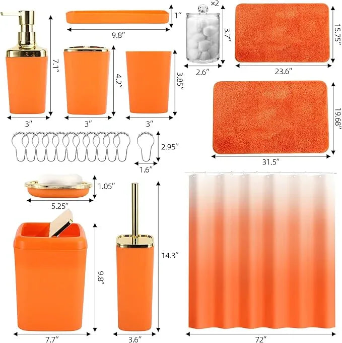 XLHOMO Bathroom Set - Orange Bathroom Sets with Shower Curtain and Rugs, 24PCS Shower Curtain Set with Hooks, Soap Dispenser, Soap Dish, Toilet Brush Holder and Trash Can for Housewarming - ModernBath