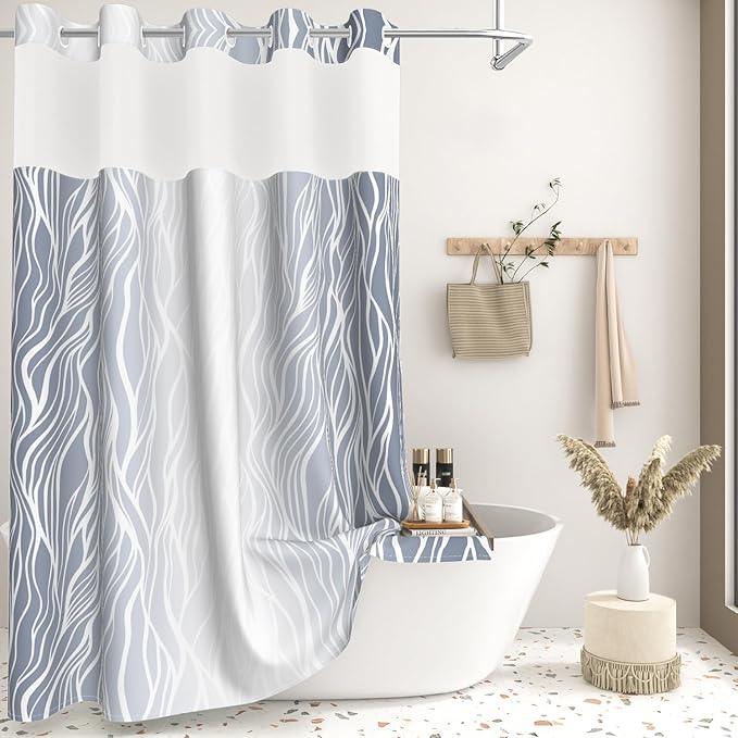 Ombre Light Blue Striped Shower Curtain with Liner, Aesthetic Hotel Luxury Bathroom Curtains, Modern Geometric Minimalist Double Layers No Hook Shower Curtain, Washable Waterproof Fabric, 71x74 inch - ModernBath