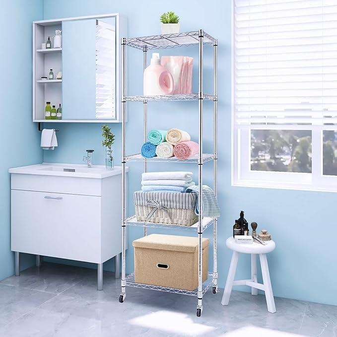 BNSPLY 5 Tier Narrow Wire Shelving Unit with Wheels, Height Adjustable Wire Shelves with NSF Certified, Mobile Metal Storage Rack for Kitchen, Laundry, Bathroom (17.7" D x 23.6" W x 71" H, Chrome) - ModernBath