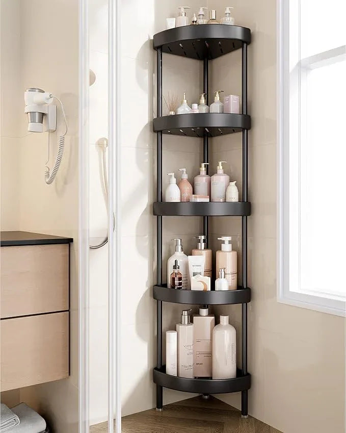 Nieifi Corner Shower Caddy Stand-5 Tier Rustproof Anodized Aluminum Standing Shower Organizer-Shower Caddy Corner-Dual Stability to Anti-Shaking-Height-Adjustable Legs for Uneven Surfaces-Black - ModernBath