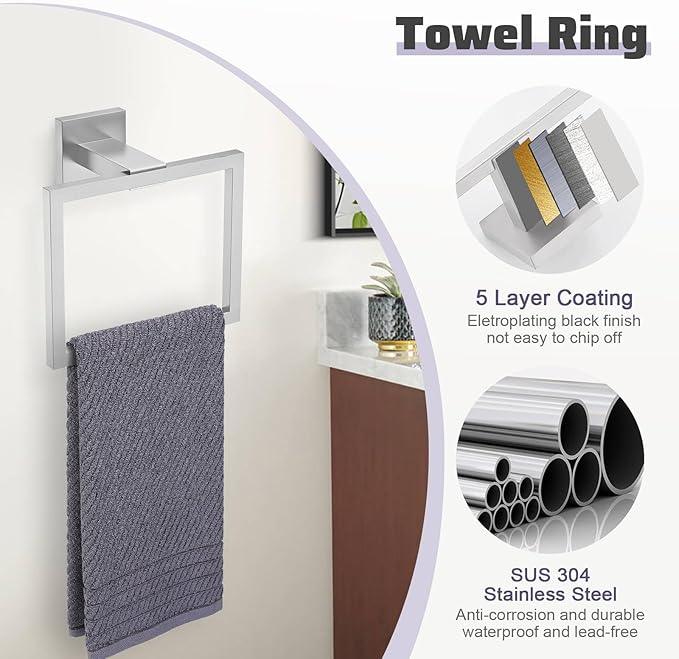TNOMS Brushed Nickel Towel Bar Set,5-Piece Bathroom Hardware Set Includes Upgraded Double Base Paper Towel Holder Modern Square Towel Holder Set,Stainless Steel Wall Mount 23.6 Inch - ModernBath