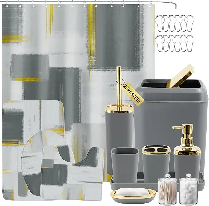 XLHOMO Bathroom Set - Grey and Gold Bathroom Accessories Set, Bathroom Sets with Shower Curtain and Rugs, Grey Shower Curtain Set with Bathroom Trash Can, Soap Dispenser, Soap Dish for Home Decor - ModernBath