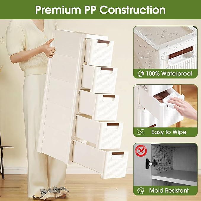 5 Drawers Narrow Storage Cabinet, Slim Bathroom Storage Cabinet, Plastic Rolling Cart Organizer for Small Spaces, Laundry, Office, Home, White - ModernBath