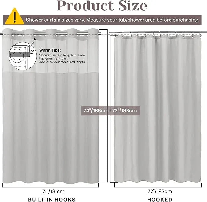 SORTTO No Hook Slub Textured Shower Curtain with Snap in Liner - Light Grey Fabric Outer Curtain & Waterproof Inner Liner, Hotel Style with See Through Top Window, 71x74 in - ModernBath