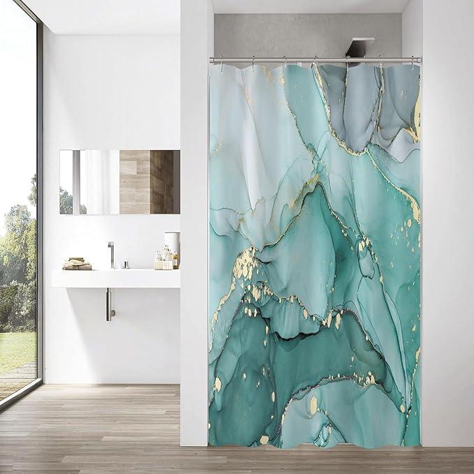 Gibelle Small Stall Shower Curtain 36 x 72, Narrow Half Abstract Turquoise Marble Shower Curtain, Modern Ink Art Waterproof Fabric Shower Curtain Set with Hooks - ModernBath