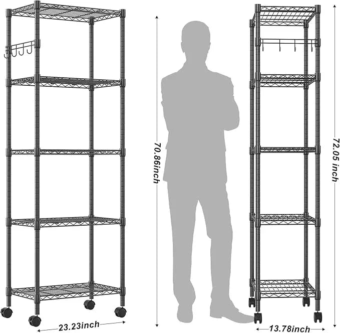 Homdox 5 Tier Wire Shelving Unit on Wheels, Adjustable Storage Racks and Shelving, Heavy Duty Rolling Metal Shelves with Side Hooks for Laundry Bathroom Kitchen Garage Pantry Organization, Black - ModernBath