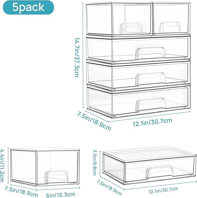 Vtopmart Clear Stackable Storage Drawers Set of 5, Plastic Organizer Bins for Makeup, Cosmetics, Beauty Supplies,Ideal for Vanity, Bathroom,Cabinet,Pantry Organization - ModernBath