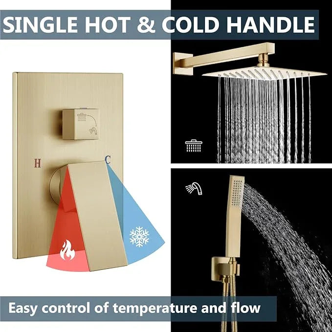 Aolemi Shower Faucet Set Rain Shower System with Handheld Spray Bathroom Shower Combo Rough-in Valve and Shower Trim Kit Included Brushed Gold 8 Inch Wall Mount Shower Head - ModernBath