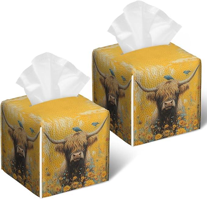 Highland Cow Floral Tissue Box Cover 2PCS, Bird Leather Tissue Box Holder Square Facial Paper Case Tissue Box Cube Organizer for Bathroom Bedroom Desk Office - ModernBath