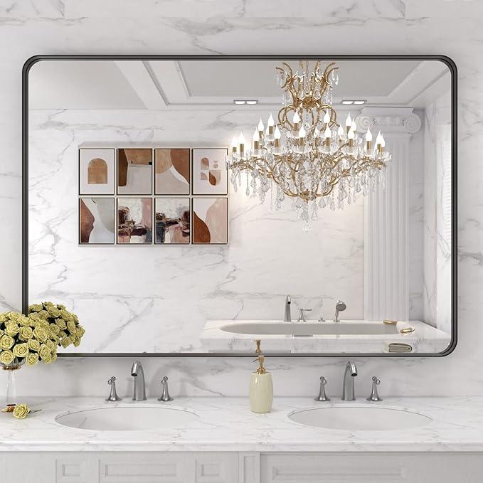 LOAAO 48X32 Inch Black Metal Framed Bathroom Mirror for Wall, Matte Black Bathroom Vanity Mirror Farmhouse, Large Rounded Rectangle Mirror, Anti-Rust, Tempered Glass, Hangs Horizontally or Vertically - ModernBath