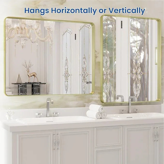 WEER Gold Bathroom Mirror, 28X36 Inch Brushed Gold Metal Frame Mirror, Rounded Rectangle Gold Bathroom Vanity Mirror for Wall, Tempered Glass, Anti-Rust, Hangs Horizontally or Vertically - ModernBath