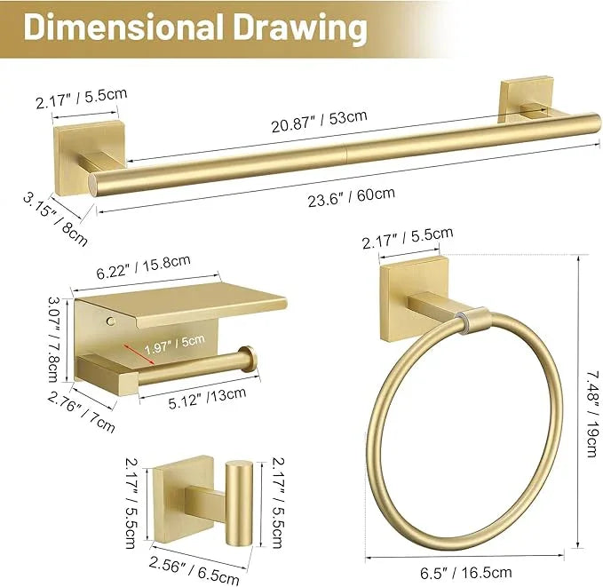 TURS 5-Pieces Brushed Gold Bathroom Hardware Set 23.6 Inch SUS304 Stainless Steel Towel Bar Set Wall Mounted Square Toilet Paper Holder with Shelf - ModernBath