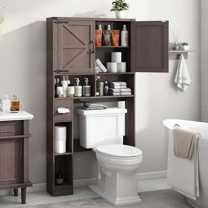 Vabches Over The Toilet Storage Cabinet, Farmhouse Storage Cabinet Over Toilet with 2 Barn Doors && Toilet Paper Holder Stand，Home Space-Saving Toilet Rack, for Laundry, Restroom, Bathroom.(Espresso) - ModernBath