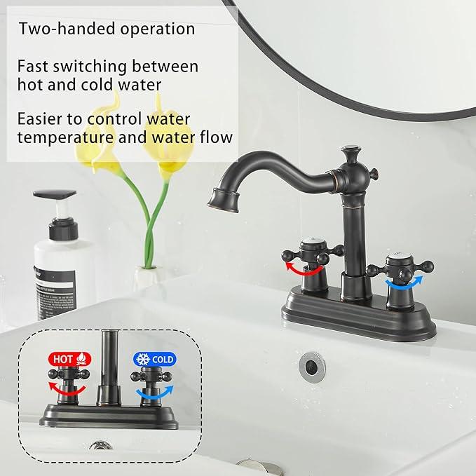 GGStudy Bathroom Faucet Oil Rubbed Bronze 2 Handles 4 Inches Centerset Bathroom Vanity with Drain Assembly and Supply Hose Lavatory Faucet - ModernBath