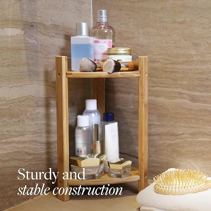 GOBAM Bamboo Shower Corner Caddy, Large - 2 Tier Standing Shower Stand for Shampoo, Conditioner, Lotion, Soap - Caddy Organizer for Kitchen, Bedroom, or Office - ModernBath