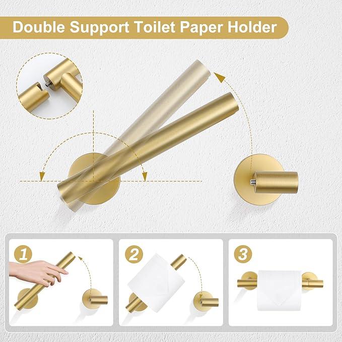TQKAG 8-Pieces Bathroom Hardware Set Brushed Gold SUS304 Stainless Steel Bath Towel Bar Set 23.6 Inch Round Bathroom Accessories Kit Wall Mounted - ModernBath