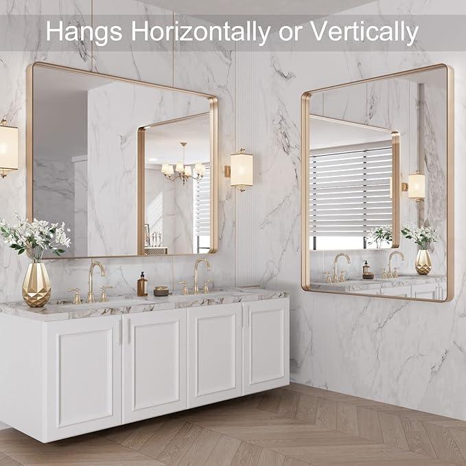 LOAAO 40"X32" Gold Bathroom Mirror, Rounded Rectangle Gold Frame Mirror, Brushed Gold Bathroom Vanity Mirror Wall-Mounted, Anti-Rust, Tempered Glass, Hangs Horizontally or Vertically - ModernBath