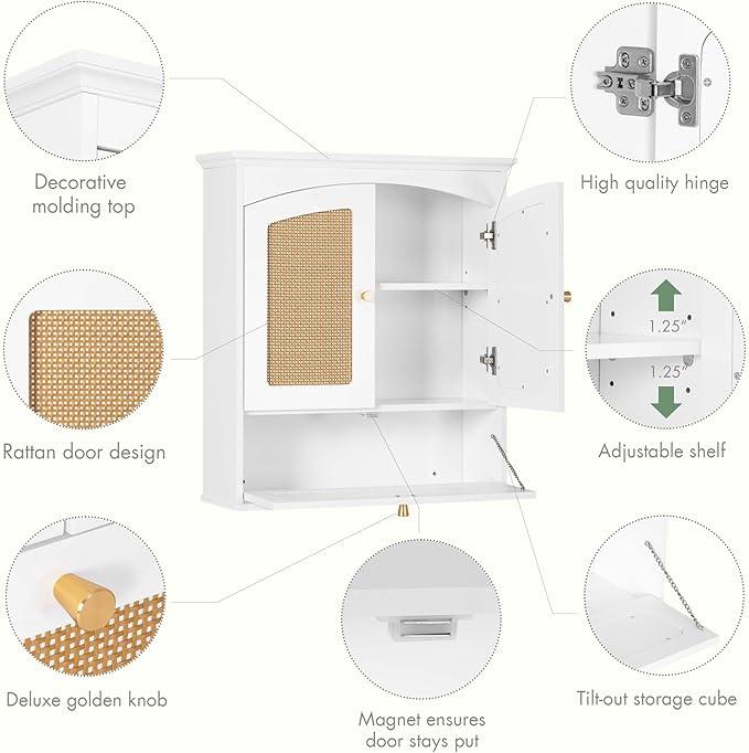 Spirich Bathroom Cabinet Wall Mount, Medicine Cabinet for Bathroom, Over The Toilet Storage Cabinet with Rattan Doors and Tilt-Out Cube - ModernBath
