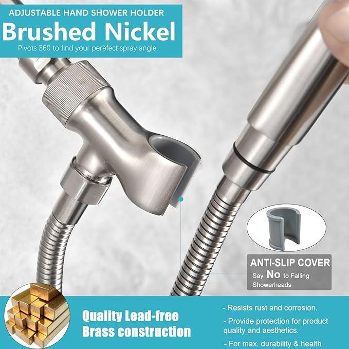 Shower Head Holder All Metal Adjustable Handheld Shower Arm Mount, 1/2" Shower Hose Holder Fits Most Hand Showerheads, Brass Hand Held Shower Head Holder , Easy to Install(Brushed Nickel) - ModernBath