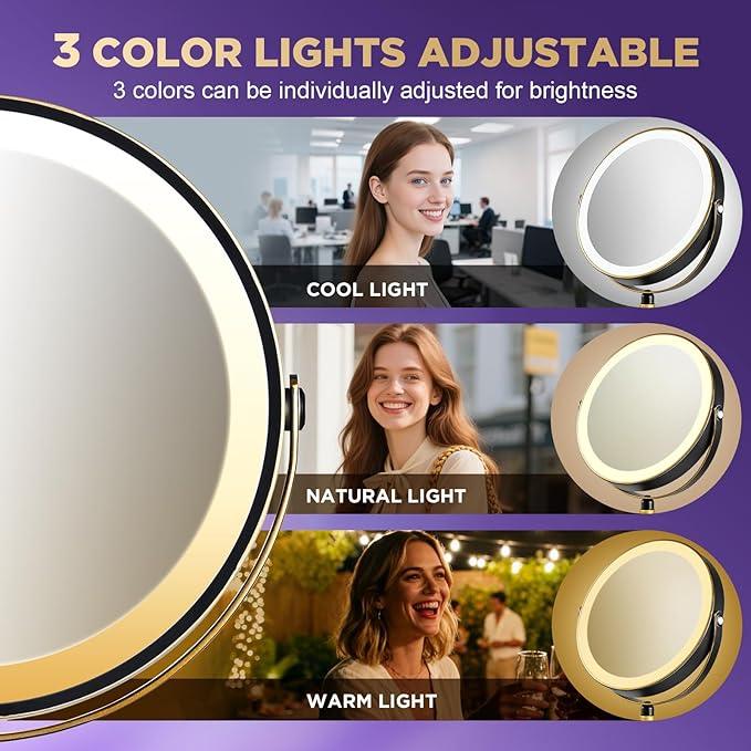 30x Magnifying Mirror with Light, Matte Black with Gold Trim, Makeup Mirror with 3 Color Lights & Brightness Adjustable, 5000mAh Rechargeable Vanity Mirror, Modern Style Side Touch + Side Charge - ModernBath
