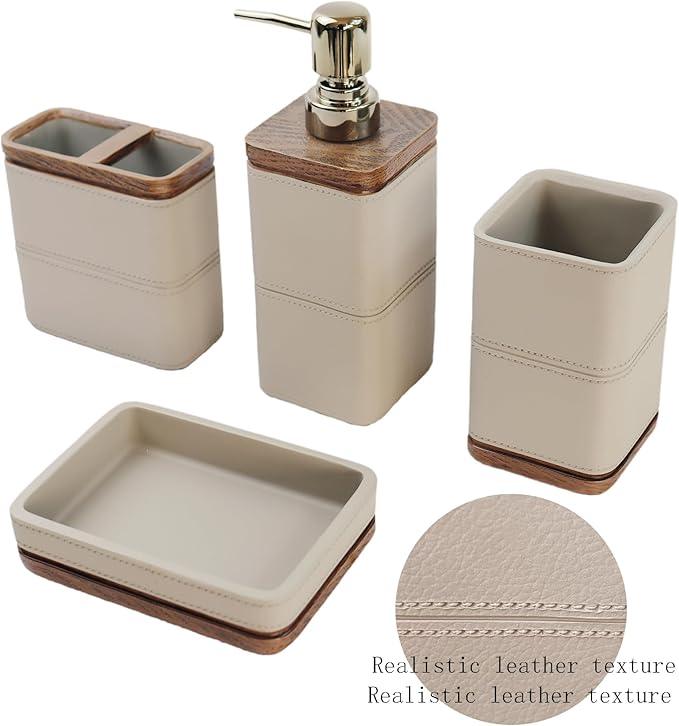 Hymmah Leather Pattern Design Bathroom Accessories Set,Farmhouse Bathroom Decor,4 Pcs Resin Gift Set Apartment Necessities, Contain Cotton Swab Jar,Soap Dispenser,Tumbler，Soap Dish/Tray - ModernBath