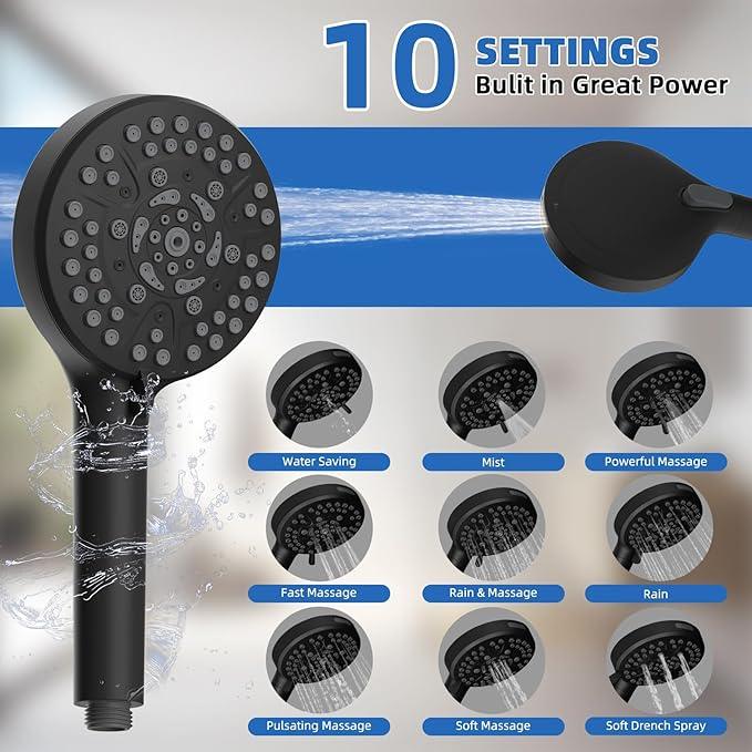 All Metal Black Shower Head, 10" High Pressure Rainfall/Handheld Shower Combo with 11" Extension Arm, 10-Spray Handheld Showerhead, 71" Long Hose, 3-Way Diverter Valve, Matte Black - ModernBath