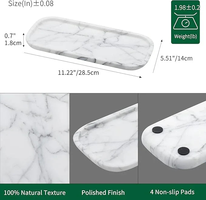 Marmor Real Natural Marble Bathroom Tray for Perfume, Candles, Jewelry Stone Vanity, Bathroom & Kitchen Counter Organizer and Home Decor Statuario White（11.41 * 5.51 * 0.7） - ModernBath