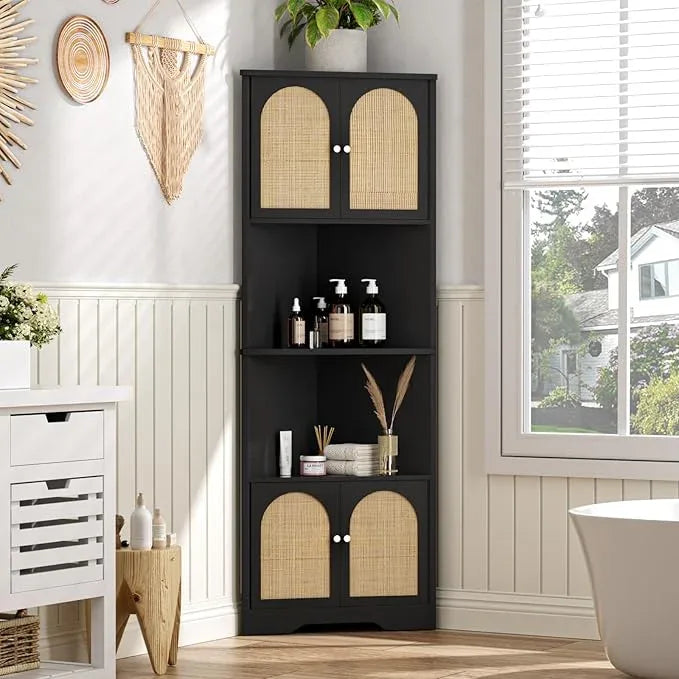 67''H Tall Corner Cabinet with Handmade Rattan Door, Rattan Storage Cabinet with Adjustable Shelves, Corner Bookshelf Space Saver for Barthroom, Kitchen, Living Room, Black - ModernBath
