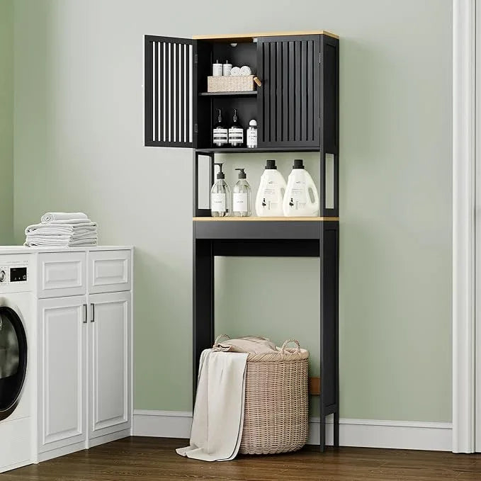 Over The Toilet Storage Cabinet with Breathable Bamboo Doors, 3-Tier Bathroom Organizer Above Toilet, Freestanding Space Saver Rack with Adjustable Bottom Bar & Shelf, 24" x 70", Black & Natural - ModernBath