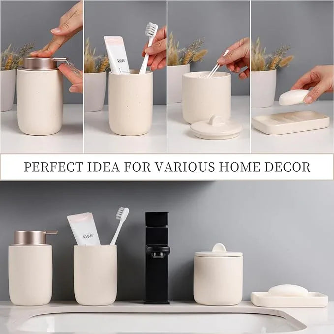 BosilunLife Apricot Bathroom Accessories Set - Ceramic Bathroom Accessories Sets Complete Foaming Soap Dispenser and Toothbrush Holder Set, Soap Dish, Qtip & Cotton Ball Holder Modern Bathroom Set - ModernBath