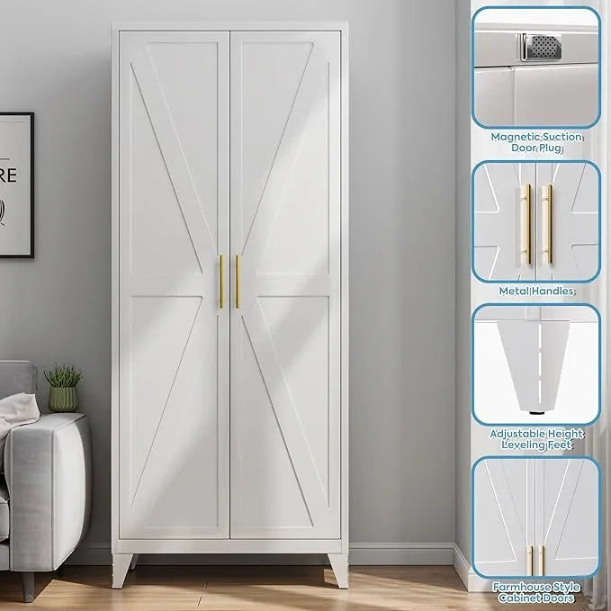 75" H Metal Pantry Cabinet, Kitchen Pantry Storage Cabinets with 5 Adjustable Shelves, for Home Office Bathroom, Required Assembly, White - ModernBath