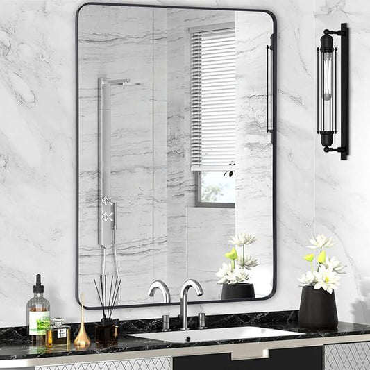 Minuover Wall Mount Mirror for Bathroom, Brushed Black Metal Framed Large Rounded Corner Rectangular Vanity Mirror, Tempered Glass, Anti-Rust, Hangs Horizontally or Vertically (30" x 40", Black) - ModernBath