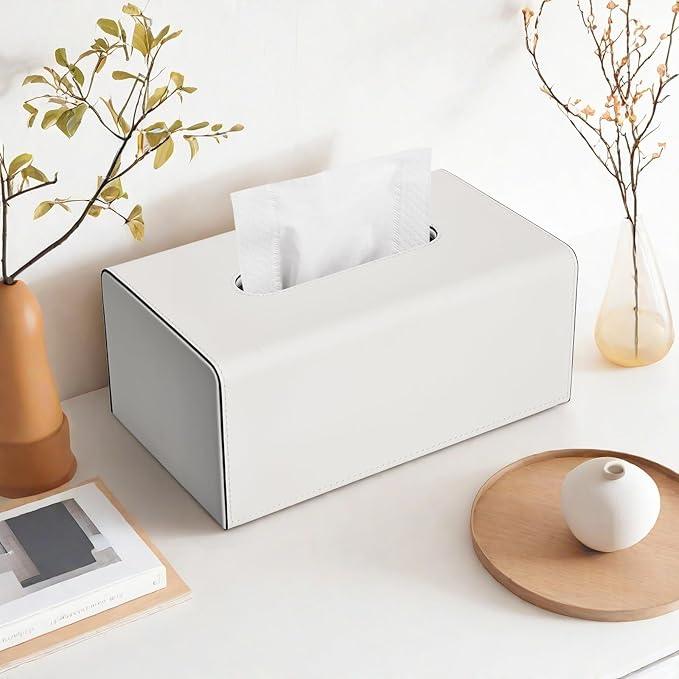 KINGFOM Tissue Box Cover, PU Leather Rectangular Tissue Box Holder with Magnetic Bottom Cover for Facial Tissues/Napkins, Office & Living Room Decor Box (Ivory White) - ModernBath