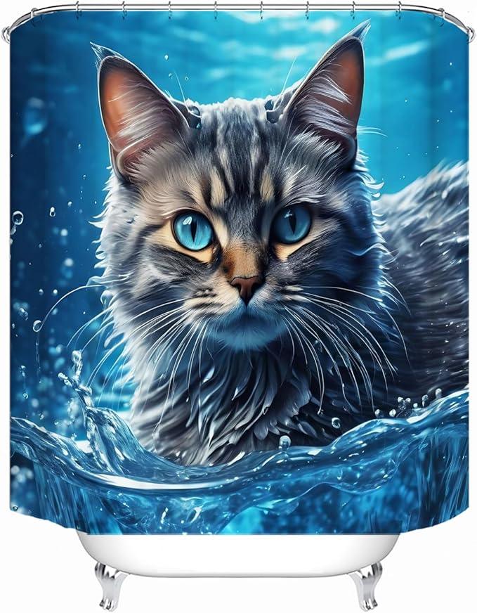 LYFANS Bathroom with Sea Cat 3D Shower Curtains, Luxury Bathtub Standard Shower Curtain, Waterproof and Bright Fabric Shower Curtain Size (72x72 Inches) - ModernBath
