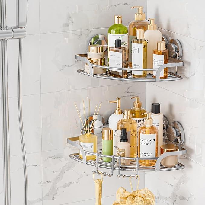 LEVERLOC 2 Pack Powerful Suction Cup Corner Shower Caddy, Stainless Steel Rustproof Shower Shelf with Hooks, Drill-Free Wall Mounted Bathroom Organizer, Large Capacity Removable Suction Basket, Silver - ModernBath