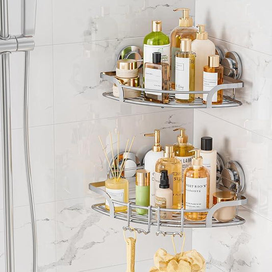 LEVERLOC 2 Pack Powerful Suction Cup Corner Shower Caddy, Stainless Steel Rustproof Shower Shelf with Hooks, Drill-Free Wall Mounted Bathroom Organizer, Large Capacity Removable Suction Basket, Silver - ModernBath