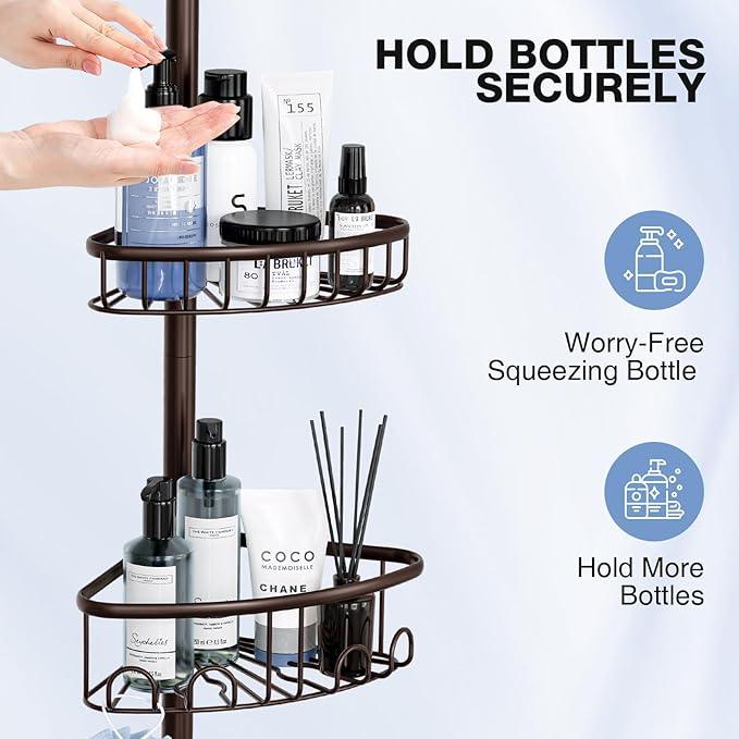 Corner Shower Caddy Tension Pole: Stainless Steel Rustproof 4-Tier Shower Organizer - 47-121 inch Adjustable Bathroom Shelves for Bathtub Shampoo Storage - Tension Rod Floor Standing Bath Rack -Bronze - ModernBath