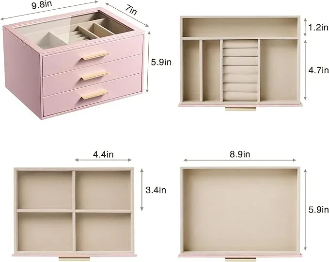 pickpiff Jewelry Box Organizer Case for Women: 3-Layer Jewelry Storage Case with Glass Window, Pink Leather with Velvet Holder for Ring Necklace Bracelet Brooch Watch, Great Gift for Her - ModernBath