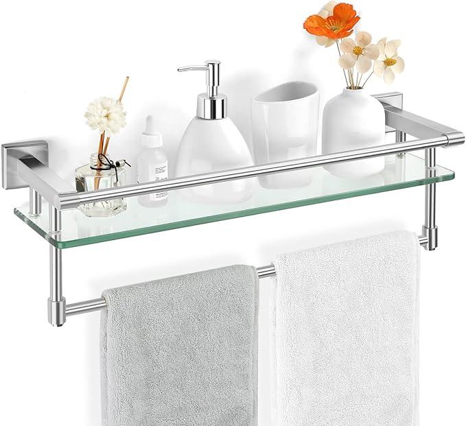 Glass Bathroom Shelf with Towel Bar, Stainless Steel Tempered Towel bar/Track Glass Bathroom Shelves Wall Mount Over The Toilet (Brushed Nickel, 20-inch) - ModernBath