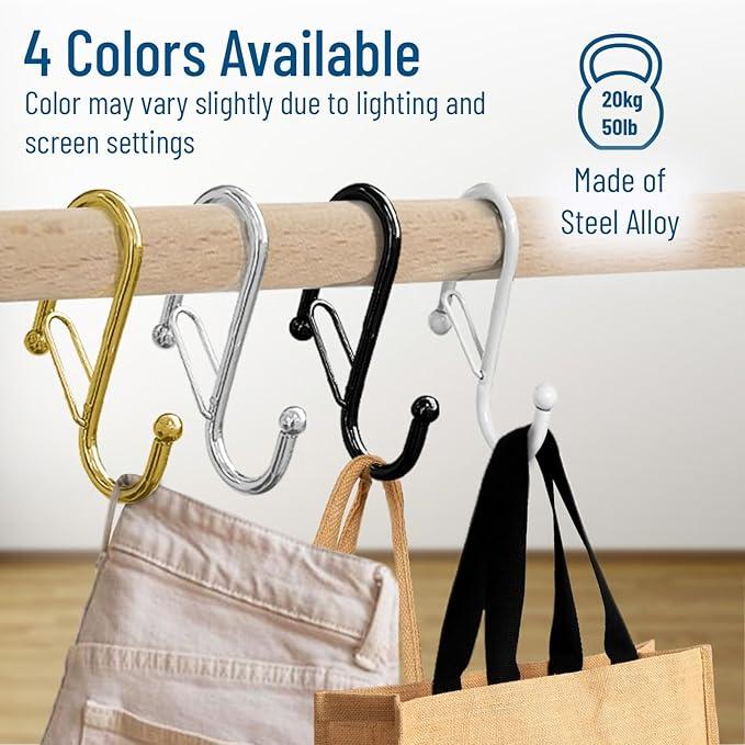 Blau Marité 10-Pack Metal S Hooks for Hanging – Heavy-Duty S-Shaped Hooks with Safety Buckle – Fits Bars up to 0.6 In – Anti-Drop Hook for Kitchen, Pot Racks & Towel Bars – Silver (Small) - ModernBath