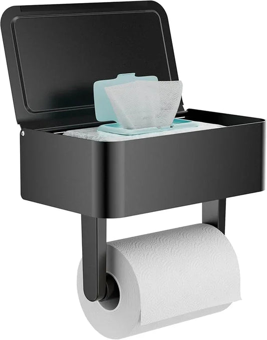 Toilet Paper Holder with Shelf - Flushable Wipes Dispenser & Storage Fits Any Bathroom, Keep Your Wet Wipes Hidden - Stainless Steel Wall Mount Bathroom Organizer -（Matte Black, Regular roll） - ModernBath