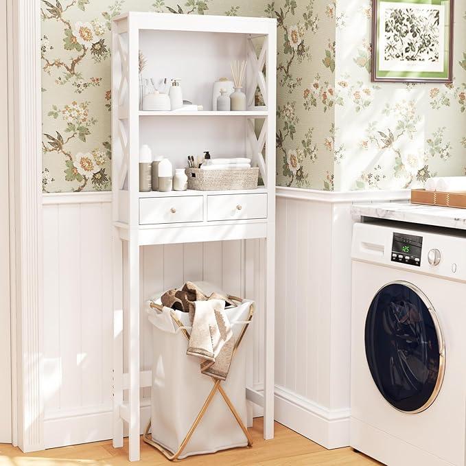 Giantex Over The Toilet Storage Cabinet with 2 Drawers, Over Toilet Bathroom Organizer with 2 Open Shelves, Freestanding Space Saver Above Toilet for Restroom, White - ModernBath