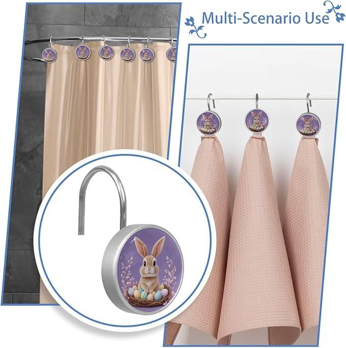 Elegant Purple and Easter Bunny Crystal Glass Shower Curtain Hooks for Bathroom Shower Rod, 12Pcs Round Home Decorative Shower Curtain Rings, Bathroom Bedroom Living Room Accessories - ModernBath