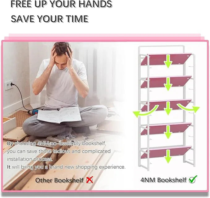 4NM No Assembly 5 Tiers Folding Bookshelf Storage Shelves Vintage Bookcase Standing Racks Study Organizer Home Office (Pink White) - ModernBath