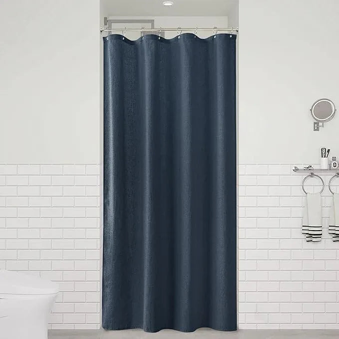 Naturoom Denim Blue 42 Inch Shower Curtain - Stall Narrow Half Linen Ultra Thick Fabric Shower Curtain Set with Hooks, Boho Farmhouse Rustic RV Camper Bath Curtains for Bathroom, 42x72 - ModernBath