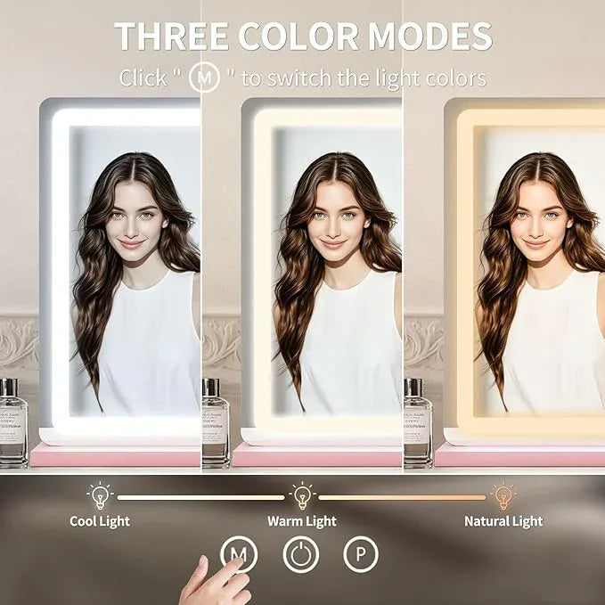 ROLOVE Pink Makeup Mirror with Lights, 23x18 Inch - 3 Color Modes, Dimmable LED Light up Mirror with 10X Magnification - Pink Vanity Mirror Wall&Tabletop Mount for Teen Girls - ModernBath
