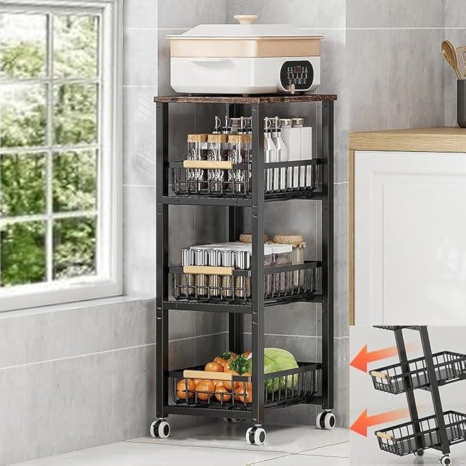 Metal Wire Baskets with Wheels, Stackable Storage Bins Kitchen Organizer Shelf, Multi Layer Fruit Vegetable Cart Dishes Seasonal Rack Freestanding with Pull Out Slide Drawer - ModernBath