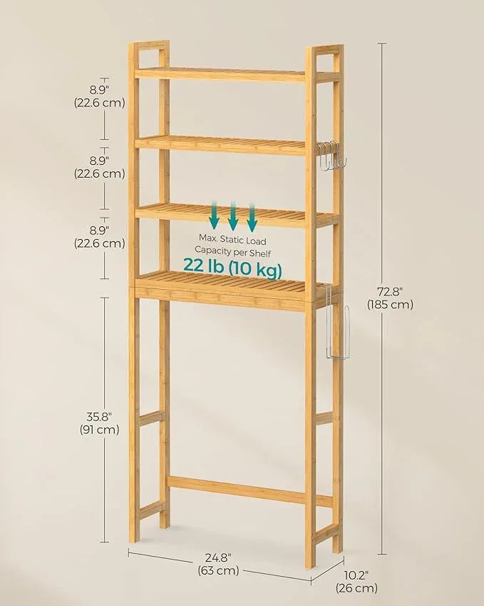 SONGMICS Over The Toilet Storage, 4-Tier Over Toilet Bathroom Organizer with Adjustable Shelves, 10.2 x 24.8 x 72.8 Inches, Space-Saving, Natural Beige UBTS041N01 - ModernBath